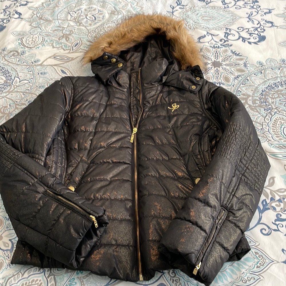 South Pole Brown Gold Puffy Faux Fur Hoodie XL X Large